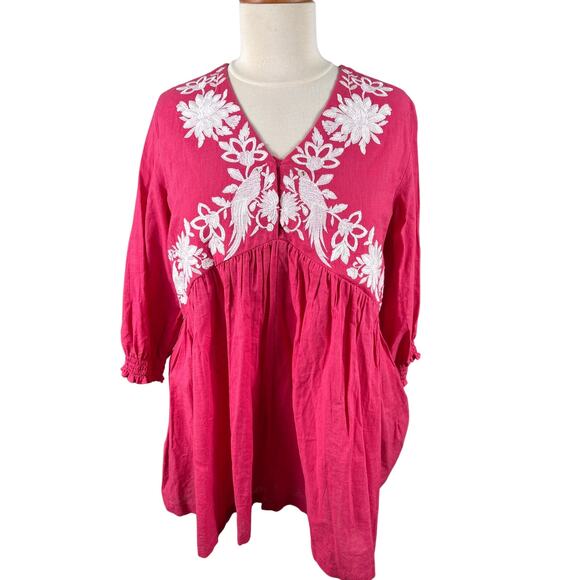 Utsa by Westside Women Large Fuschia Floral Embroidered Boho Peasant Blouse Tops - Picture 1 of 13